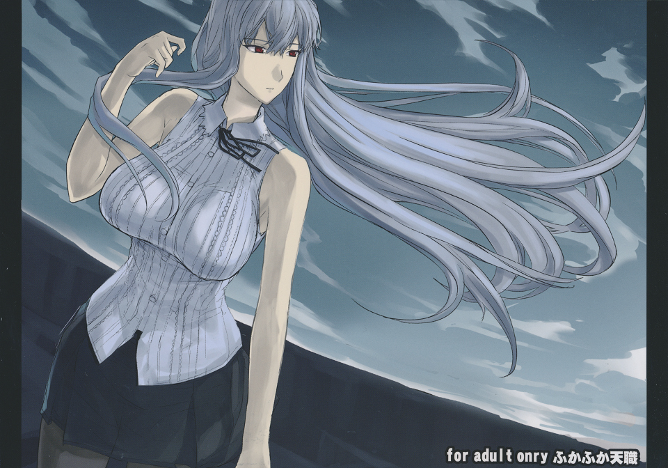 back_cover bare_shoulders breasts cover doujinshi engrish fura huge_breasts impossible_clothes impossible_shirt long_hair miniskirt non-web_source ranguage red_eyes selvaria_bles senjou_no_valkyria senjou_no_valkyria_1 shirt silver_hair skirt solo
