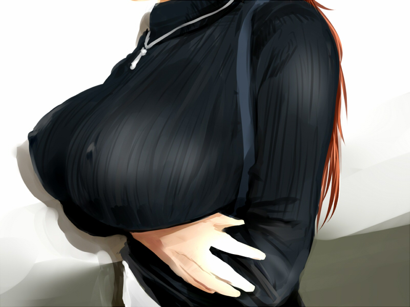 breast_hold breasts covered_nipples crossed_arms head_out_of_frame huge_breasts jewelry kappamaru long_hair necklace original red_hair solo upper_body