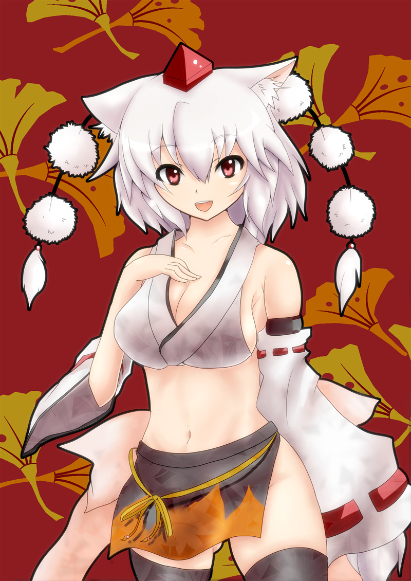 adapted_costume animal_ears bad_id bad_pixiv_id bare_shoulders black_legwear breasts cleavage crop_top detached_sleeves hat inubashiri_momiji kuga_zankurou large_breasts looking_at_viewer midriff no_panties open_mouth red_eyes short_hair sideboob silver_hair simple_background smile solo tail thighhighs tokin_hat touhou wolf_ears wolf_tail