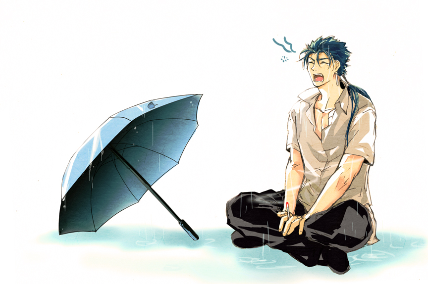 blue_hair casual cigarette crimo fate/hollow_ataraxia fate/stay_night fate_(series) indian_style lancer long_hair male_focus ponytail sitting solo umbrella yawning