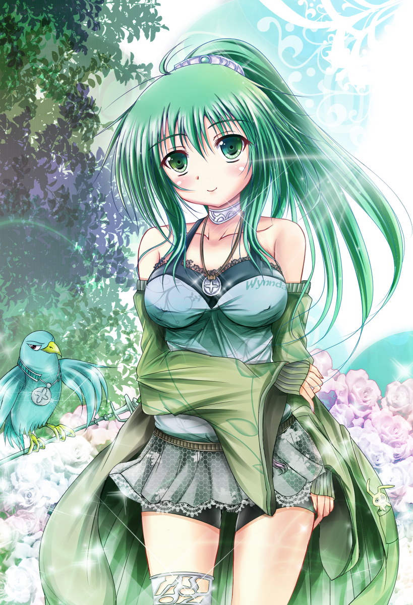 1girl andrew bird choker duel_angel duel_monster flower green_eyes green_hair highres jewelry long_hair looking_at_viewer necklace pixiv_manga_sample ponytail resized robe shorts smile solo tree wynnda,_miko_of_the_gusta wynnda_miko_of_the_gusta yu-gi-oh!