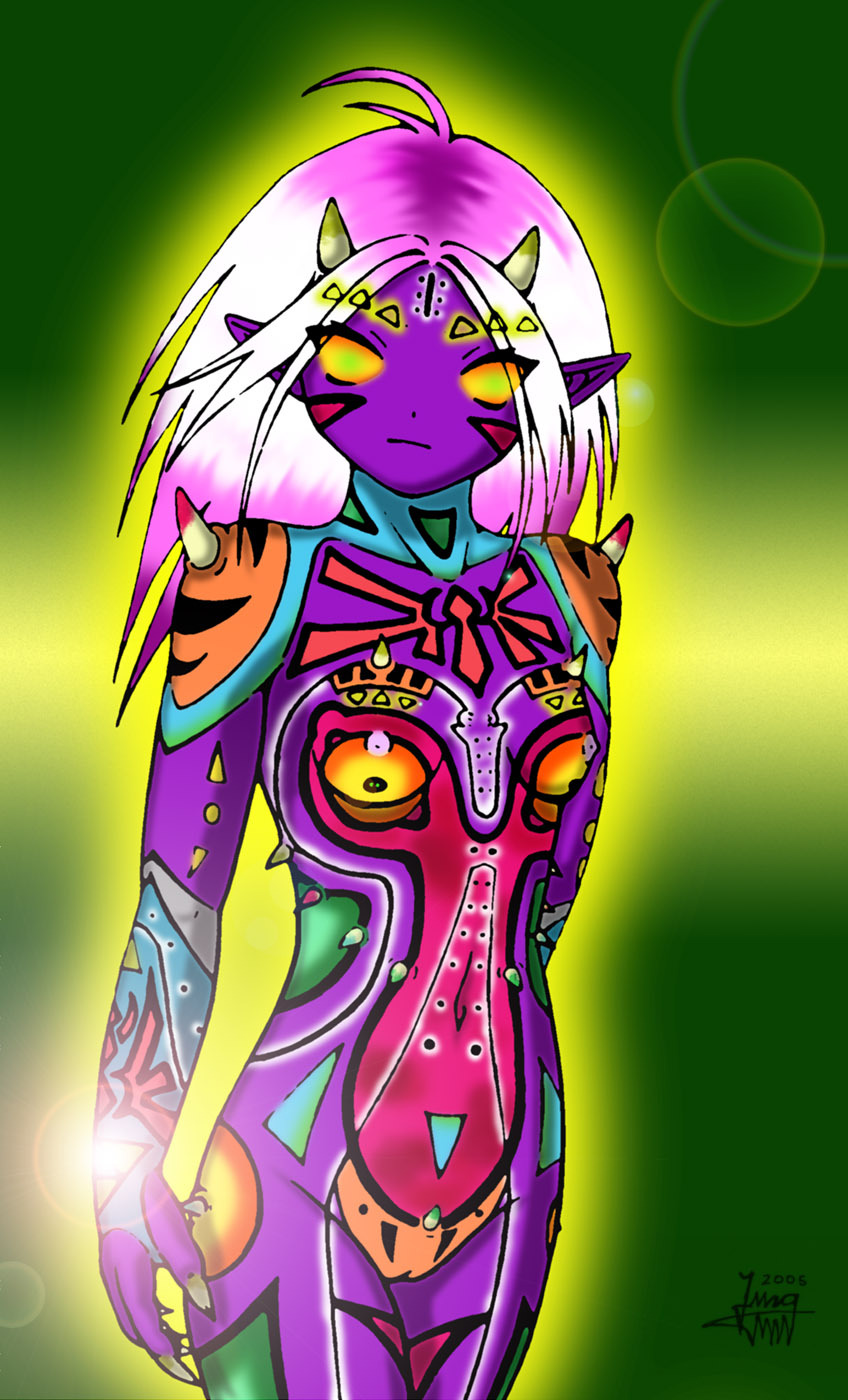 at hair horn josemaru looking looking_at_viewer majora majora's_mask majora's_mask multi-colored_body multicolored purple purple_body simple_background solo viewer white_hair