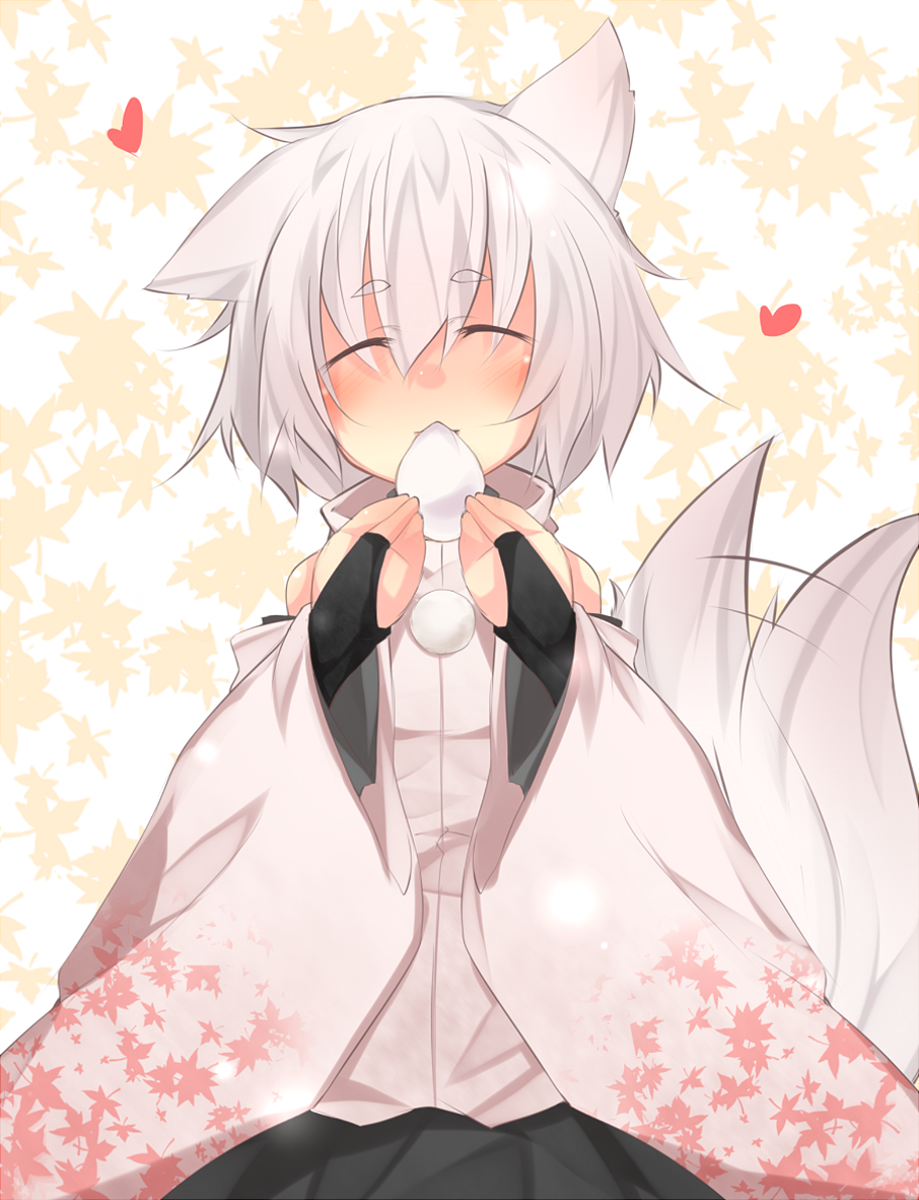 animal_ears bridal_gauntlets closed_eyes detached_sleeves eating food happy heart highres inubashiri_momiji kazami_ryouya leaf leaf_background mochi no_hat no_headwear short_hair silver_hair solo tail tail_wagging touhou upper_body wagashi wolf_ears wolf_tail