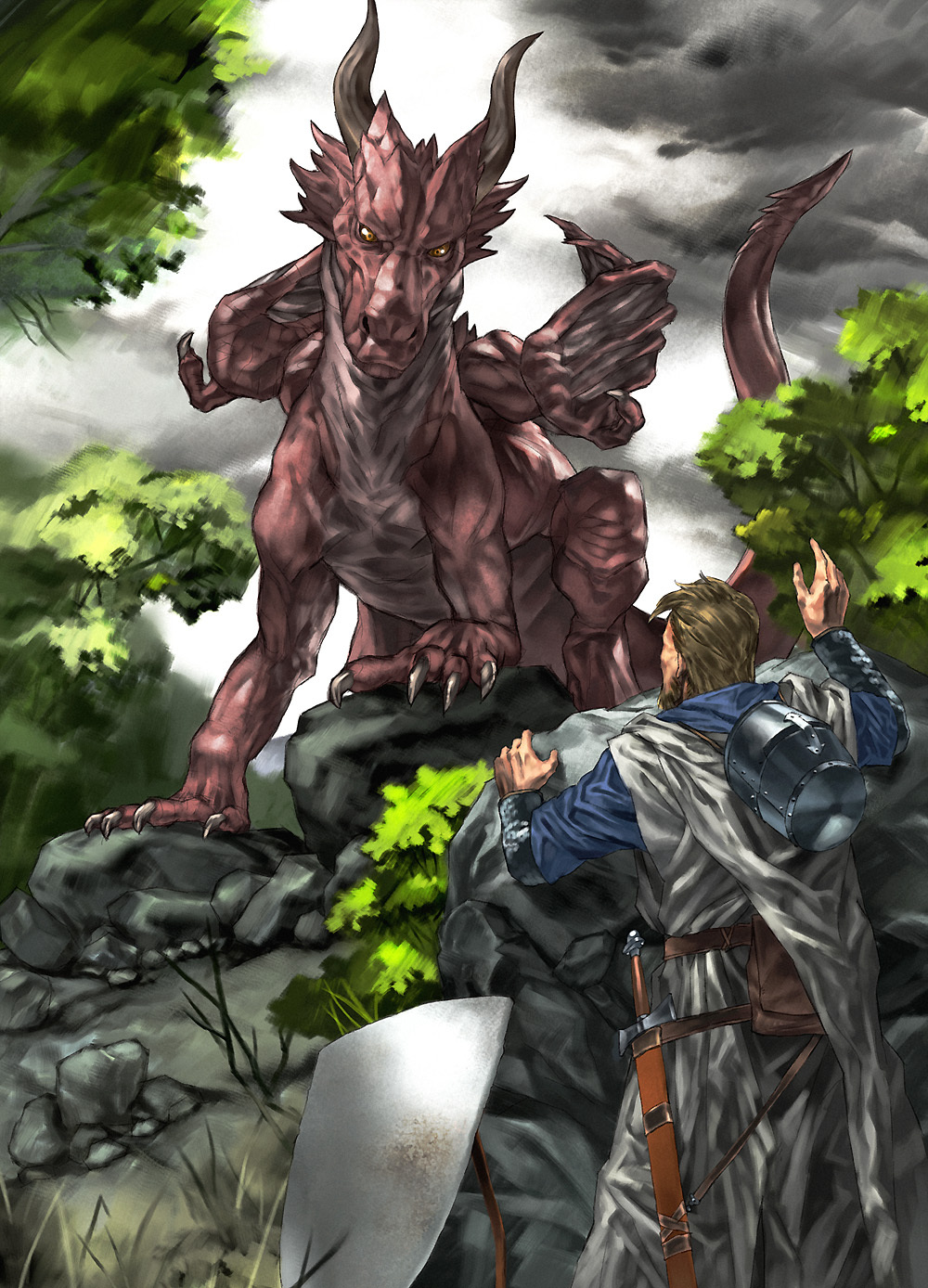 armor beard brown_hair claws dragon eye_contact facial_hair feral grass hair helmet hiding horn human knight looking_at_each_other mad_(artist) male mammal nature outside rock scabbard shield standing sword tree weapon wings wood