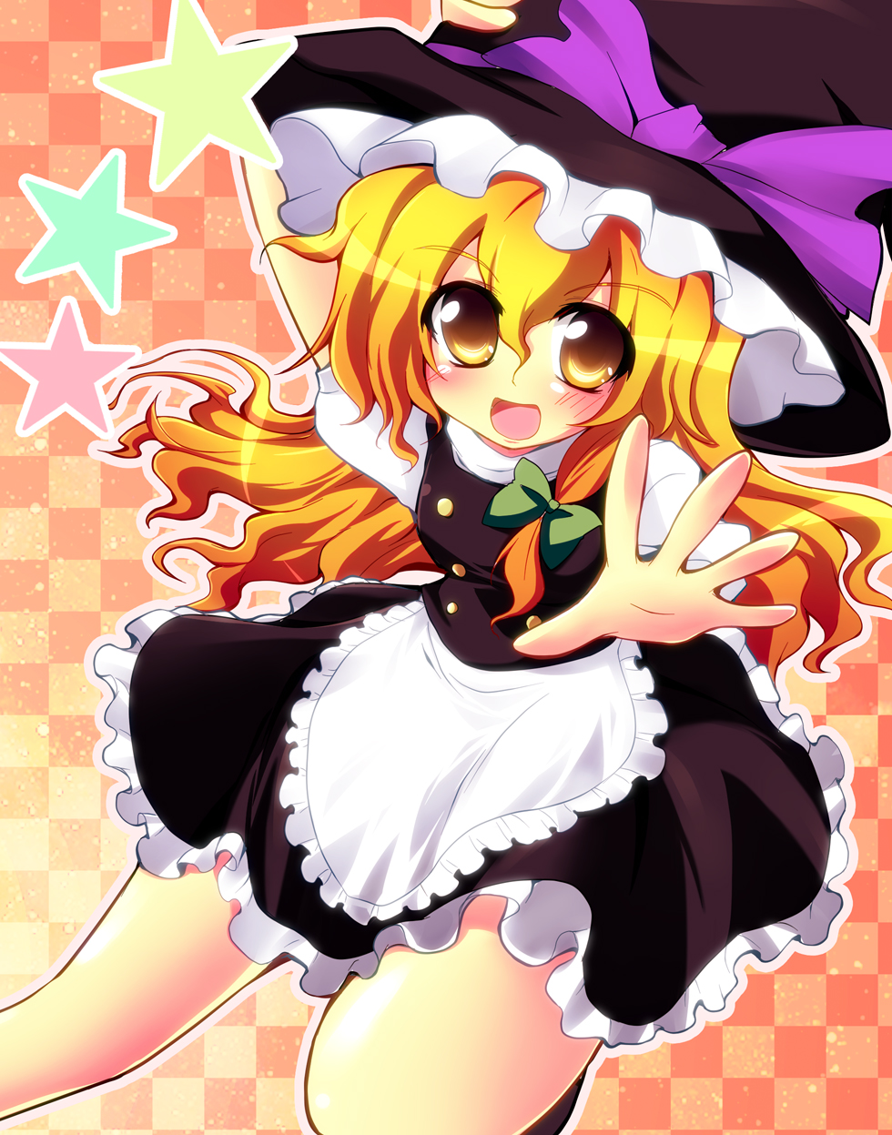 apron black_dress blonde_hair checkered dress geo_(yukishitadou) hair_ribbon hand_on_headwear hat highres kirisame_marisa open_mouth outstretched_hand ribbon solo star touhou waist_apron witch_hat yellow_eyes