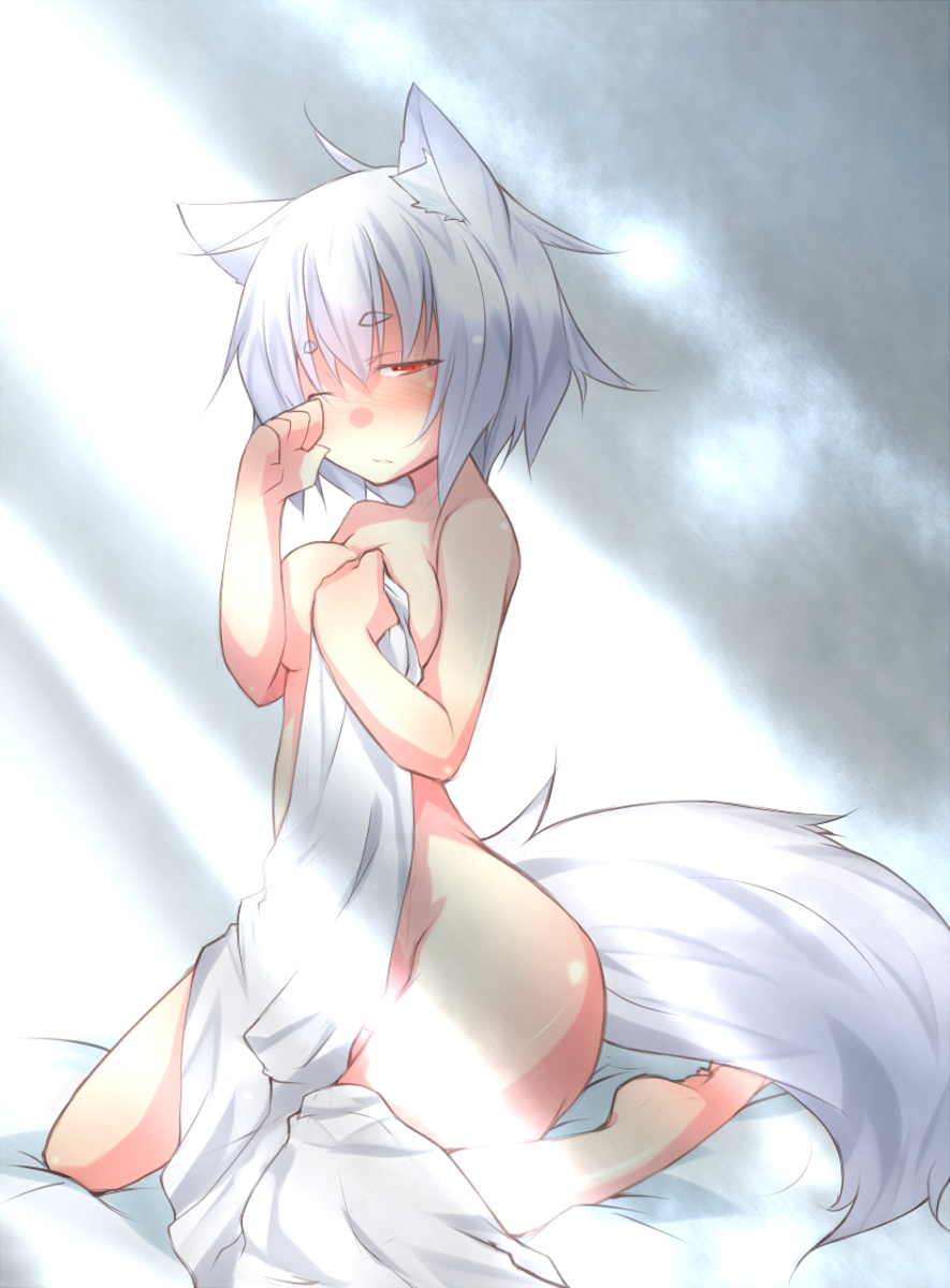 animal_ears blanket blush breasts censored cleavage convenient_censoring groin highres hips inubashiri_momiji kazami_ryouya light_rays medium_breasts messy_hair naked_sheet no_hat no_headwear nude one_eye_closed red_eyes rubbing_eyes short_hair silver_hair sitting sleepy solo sunbeam sunlight tail touhou wide_hips wolf_ears wolf_tail