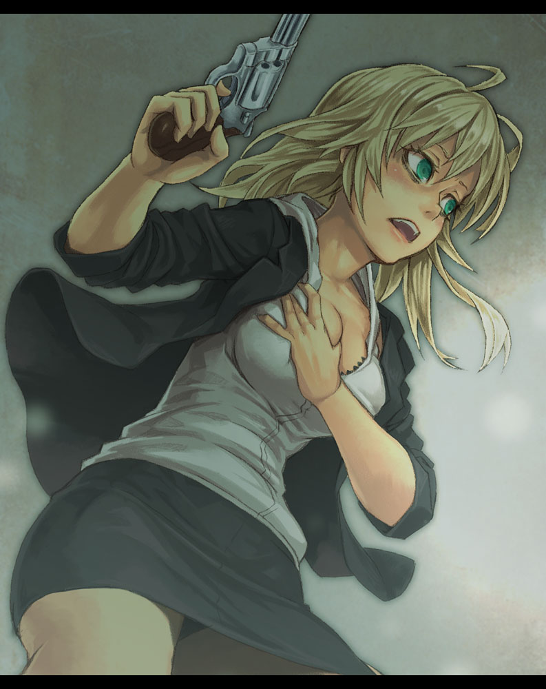 aqua_eyes bags_under_eyes black_skirt blonde_hair breast_hold breasts cleavage green_eyes gun handgun large_breasts letterboxed lipstick makeup miniskirt mustard_seeds open_mouth original pencil_skirt revolver scared self_fondle skirt sleeves_rolled_up solo upskirt weapon yuuji_(and)