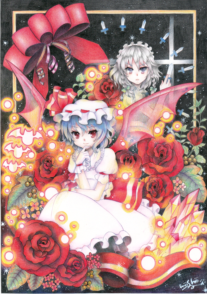 bat bow colored_pencil_(medium) crystal flower hand_on_own_chin hand_on_own_face izayoi_sakuya knife leaf maid maid_headdress mosho multiple_girls remilia_scarlet rose see-through signature touhou traditional_media wings