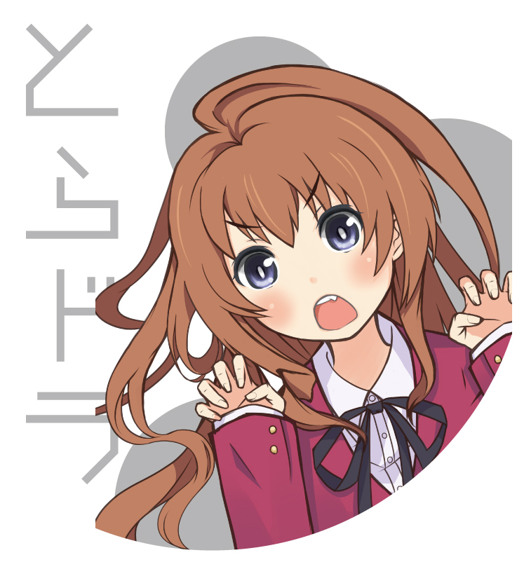 aisaka_taiga blue_eyes bow brown_hair claw_pose copyright_name face fang gao long_hair looking_at_viewer ribbon school_uniform simple_background solo text_focus toradora! upper_body vinzerd