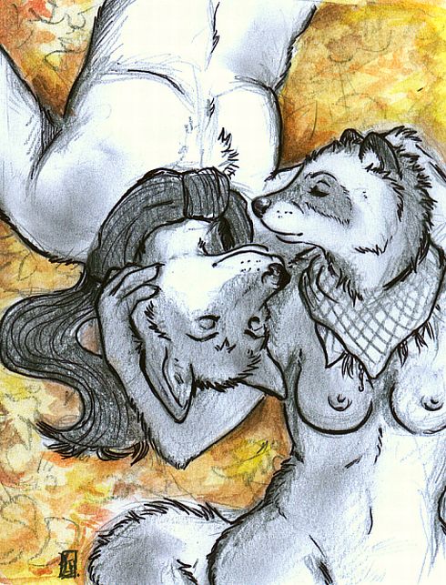 anthro bandanna breasts canine duo ethiopian_wolf eyes_closed female fur lying male mammal nipples nude on_back raccoon scarf straight tanuki tanuki_(artist) white white_fur wolf