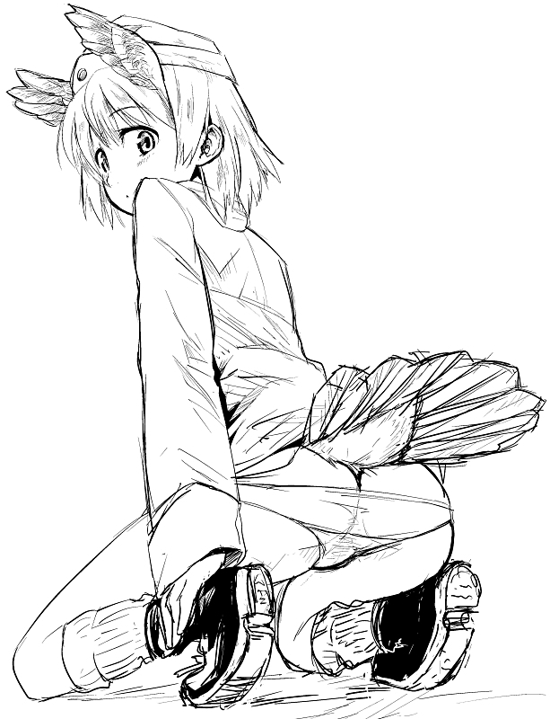 ass bird_tail feathers garrison_cap greyscale hat head_wings looking_back military military_uniform monochrome mozu_(peth) panties raisa_pottgen short_hair solo strike_witches tail underwear uniform world_witches_series