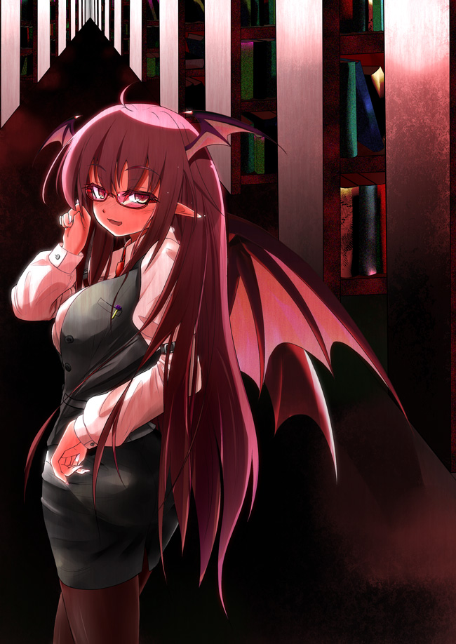 ahoge bat_wings bespectacled black_legwear black_skirt book bookshelf dress_shirt formal glasses head_wings koakuma library long_hair long_sleeves looking_at_viewer miniskirt naughty_face necktie pantyhose pen pleated_skirt pointy_ears red-framed_eyewear red_eyes red_hair shiina_shian shirt skirt skirt_suit solo suit touhou unbuttoned very_long_hair vest voile wings