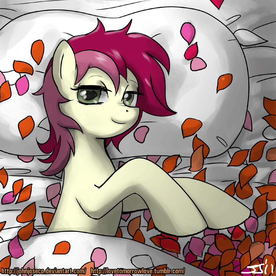 bed cute equine female feral friendship_is_magic green_eyes hair horse john_joseco looking_at_viewer lying mammal my_little_pony on_side pillow pony red_hair rose_(mlp) rose_petals roseluck_(mlp) smile solo two_tone_hair