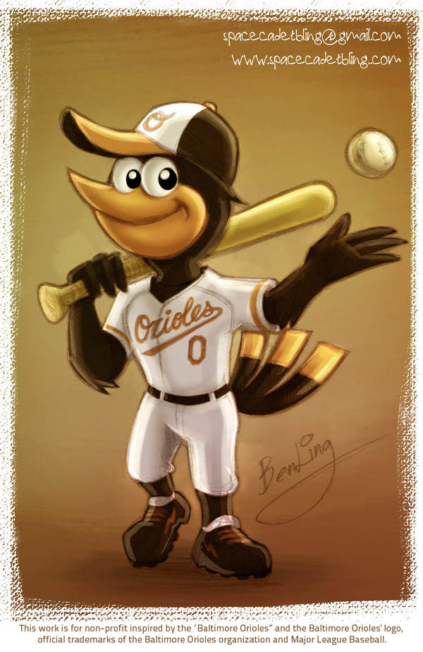 2012 4_fingers anthro avian ball baltimore_oriole baltimore_orioles_(mlb) baseball_(ball) baseball_bat baseball_cap baseball_uniform beak belt biped bird black_eyes black_feathers black_tail border brown_background brown_theme by-nd cleats clothed clothing creative_commons digital_media_(artwork) digital_painting_(artwork) english_text feathers footwear front_view full-length_portrait fully_clothed hat holding_object icterid lighting looking_aside looking_away male mascot mixed_media mlb multicolored_feathers new_world_oriole orange_beak orange_feathers orange_tail pants portrait shadow shirt shoes signature simple_background smile solo spacecadetbling sportswear standing tail_feathers text the_oriole_bird_(mascot) toony tossing traditional_media_(artwork) two_tone_feathers two_tone_tail uniform url white_border