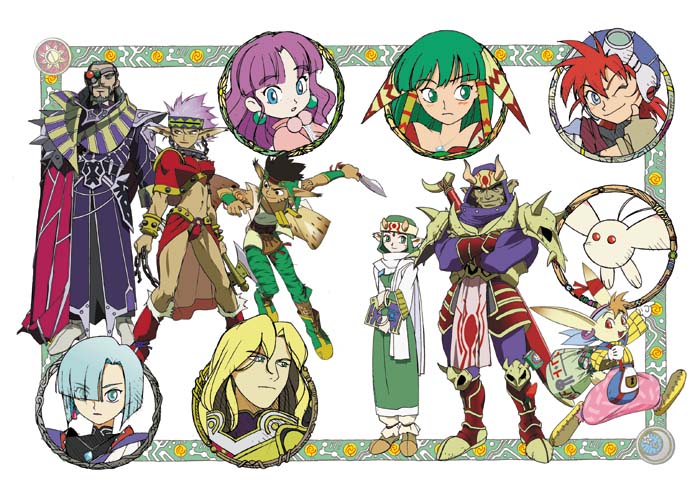 6+boys 90s animal_ears baal_(grandia) bangs boots creature dr._alma_(grandia) feena_(grandia) frame gadwin_(grandia) grandia grandia_i guido_(grandia) hair_ornament hair_over_one_eye hair_tubes headband hontani_toshiaki justin_(grandia) knee_boots leen_(grandia) milda_(grandia) mullen_(grandia) multiple_boys multiple_girls official_art one_eye_closed pointy_ears puui_(grandia) rapp_(grandia) sue_(grandia)