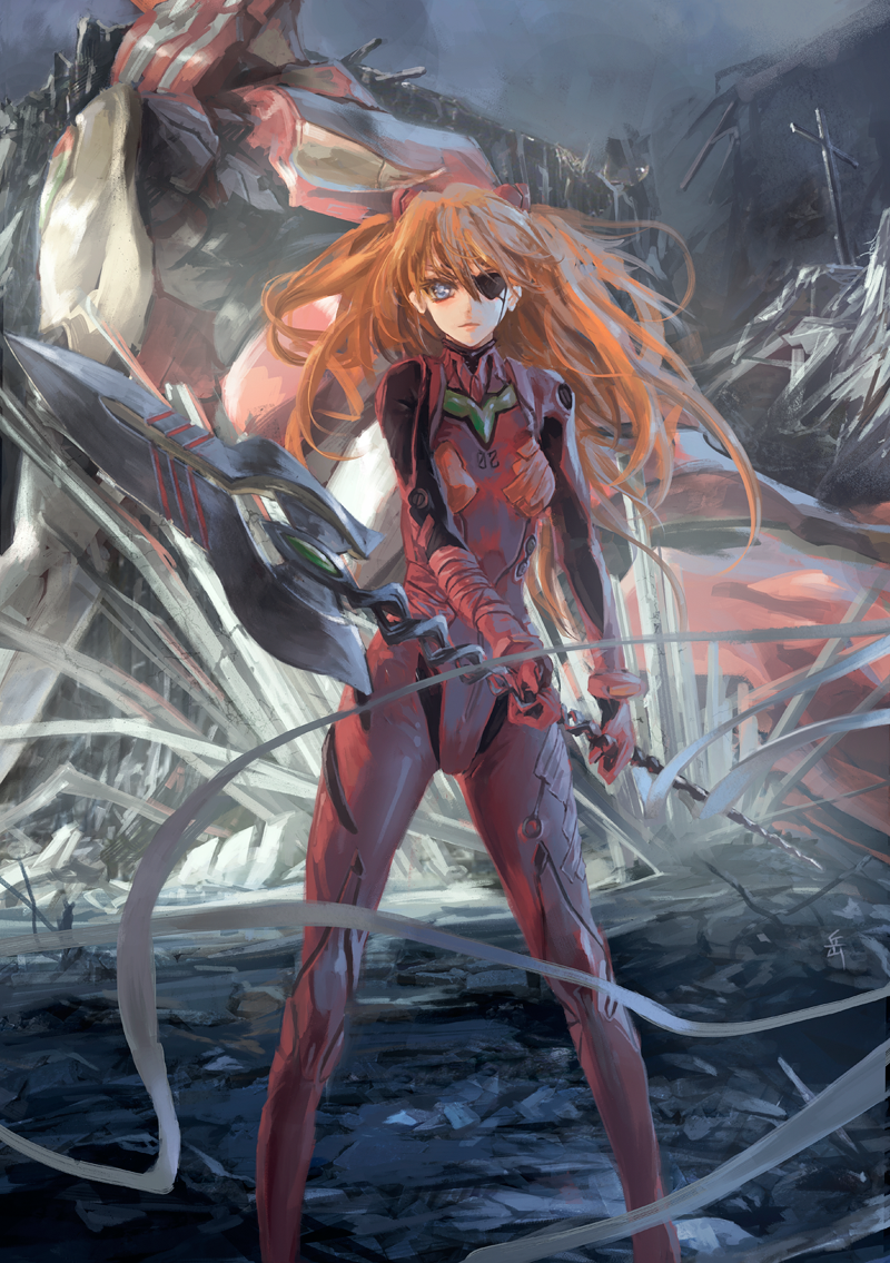 :| archlich bangs blue_eyes bodysuit bracer breasts closed_mouth cross eva_02 evangelion:_3.0_you_can_(not)_redo eyepatch fighting_stance floating_hair foreshortening gloves hair_between_eyes headgear holding holding_weapon legs_apart long_hair looking_at_viewer mecha neon_genesis_evangelion number orange_hair outdoors pilot_suit plugsuit polearm rebuild_of_evangelion revision ribbon ruins serious shade shikinami_asuka_langley signature small_breasts solo souryuu_asuka_langley spear spear_of_cassius standing sunlight tape turtleneck v-shaped_eyebrows very_long_hair weapon