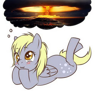 amber_eyes blonde_hair blush cutie_mark derp derpy_hooves_(mlp) equine explosion female feral friendship_is_magic grey_body hair mammal mushroom_cloud my_little_pony nuclear_explosion nuke pegasus plain_background smile solo thought_bubble wings