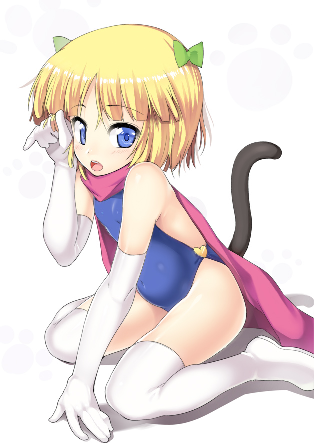 bad_id bad_pixiv_id bare_shoulders belly bianca's_daughter blonde_hair blue_eyes blush boots bow cape cat_tail dragon_quest dragon_quest_v elbow_gloves flat_chest gloves hair_bow looking_at_viewer nagase_haruhito one-piece_swimsuit open_mouth pink_cape pregnant short_hair sitting solo swimsuit tail thigh_boots thighhighs wariza white_gloves white_legwear