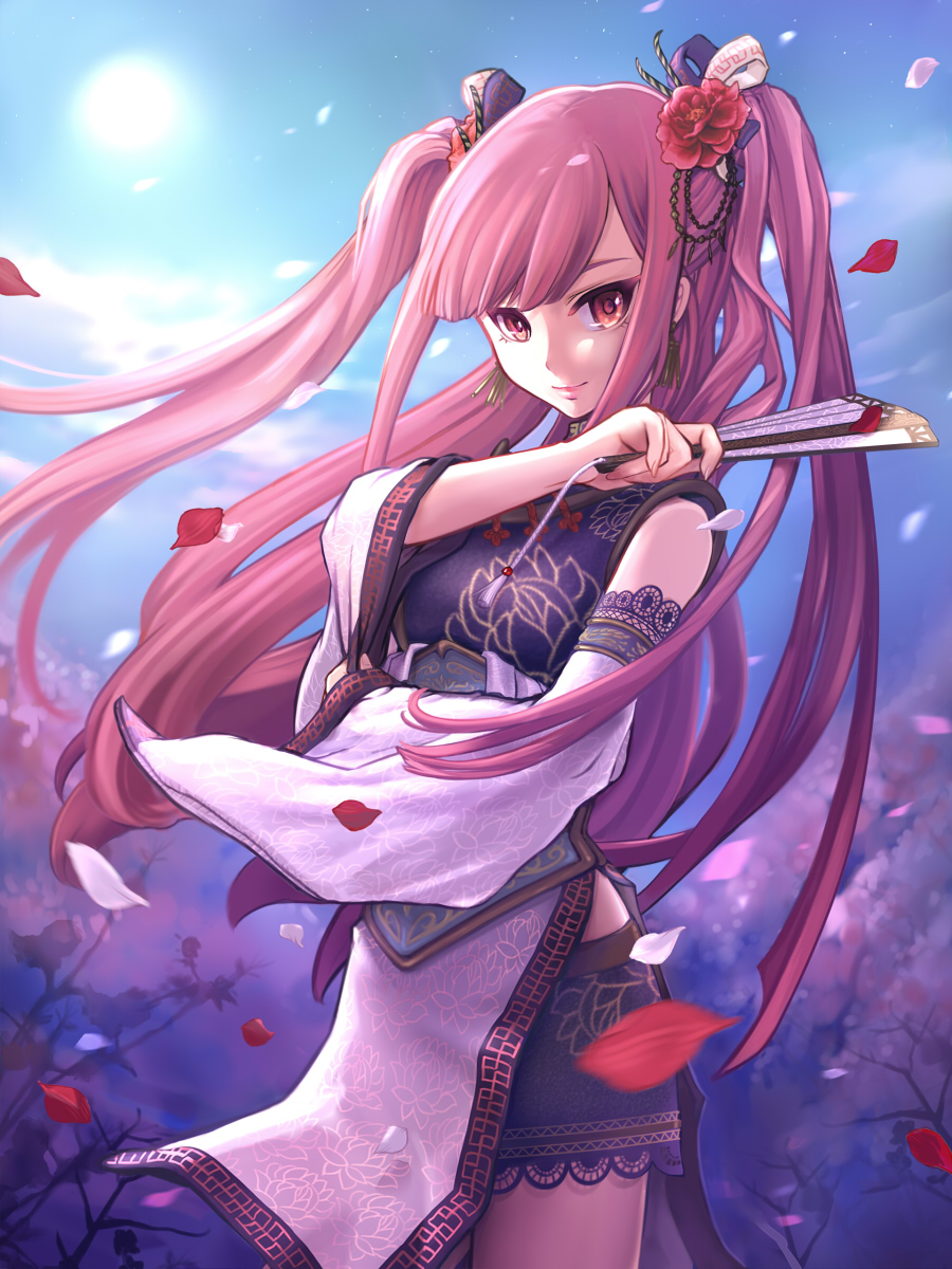 bad_id bad_pixiv_id chinese_clothes detached_sleeves fan flower folding_fan hair_flower hair_ornament hair_ribbon highres lace long_hair looking_at_viewer moon petals pink_eyes pink_hair ribbon sangokushi_taisen shuuki smile solo twintails y-chan