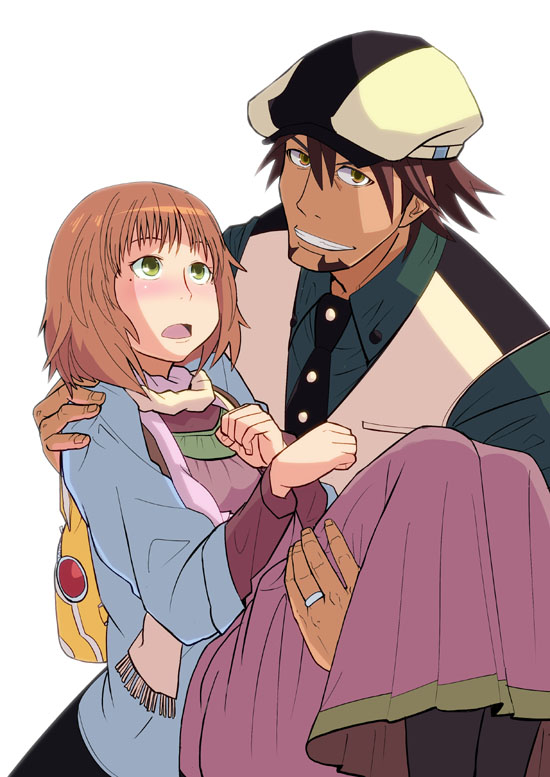 1girl blush brown_eyes brown_hair cabbie_hat carrying chiyomi dress extra facial_hair green_eyes hat jewelry kaburagi_t_kotetsu mole mole_under_eye necktie orange_hair princess_carry ring scarf scarf_girl_(tiger_&amp;_bunny) short_hair simple_background stubble tiger_&amp;_bunny vest waistcoat wedding_band white_background