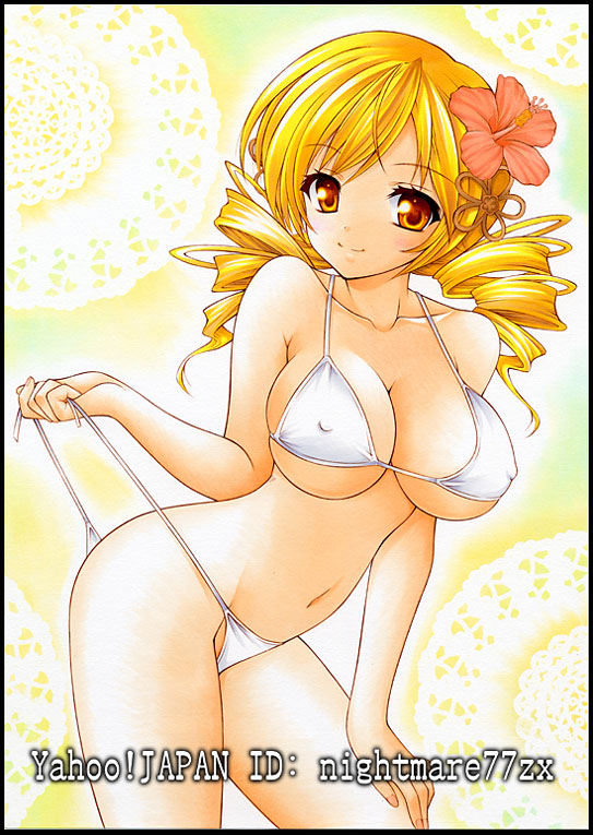 bikini blonde_hair breasts cleavage drill_hair flower hair_flower hair_ornament hibiscus large_breasts long_hair mahou_shoujo_madoka_magica nightmare77zx short_hair sideboob skindentation smile solo swimsuit tomoe_mami twin_drills twintails underboob untied yellow_background yellow_eyes