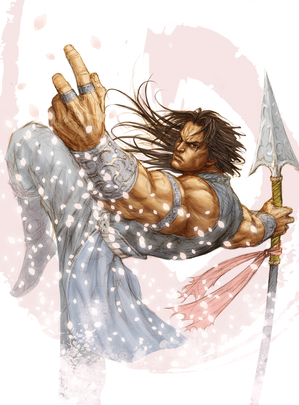 chouun_(male) highres jewelry male_focus muscle polearm ring sangokushi_taisen solo spear tsunetarou_(yasu) weapon