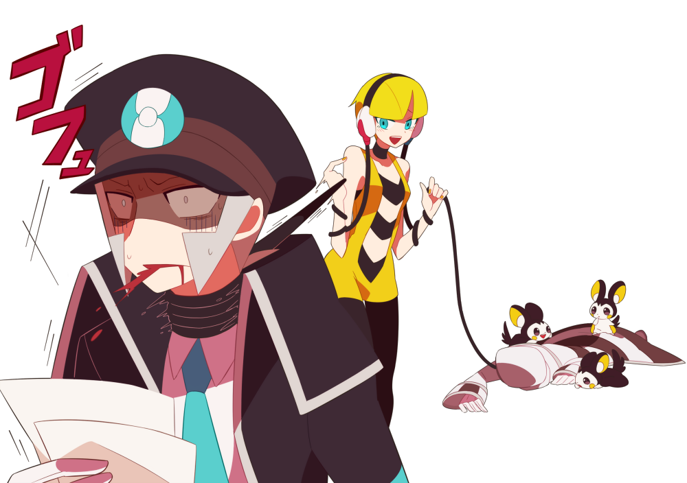 asphyxiation ayakasama bad_id bad_pixiv_id bare_shoulders blonde_hair blood blue_eyes coat emolga gen_5_pokemon gloves grey_eyes grey_hair hat headphones kamitsure_(pokemon) kudari_(pokemon) multiple_boys necktie nobori_(pokemon) open_mouth pantyhose peaked_cap pokemon pokemon_(creature) pokemon_(game) pokemon_bw short_hair strangling white_gloves