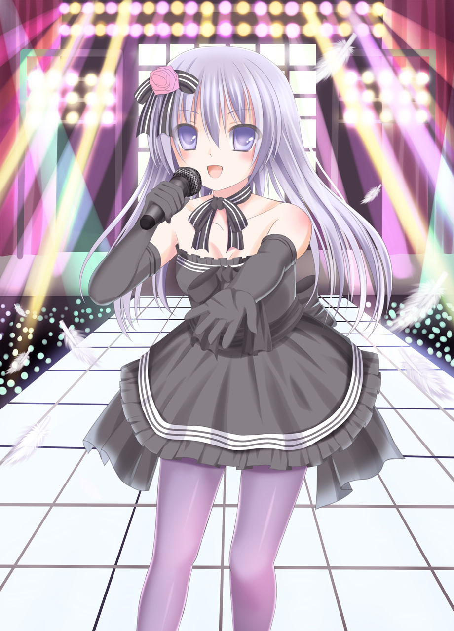 bad_id bad_pixiv_id bare_shoulders dress elbow_gloves feathers gloves hair_ornament highres long_hair microphone music neck_ribbon open_mouth original outstretched_arm pantyhose purple_eyes purple_hair purple_legwear ribbon singing solo stage tsukino_neru