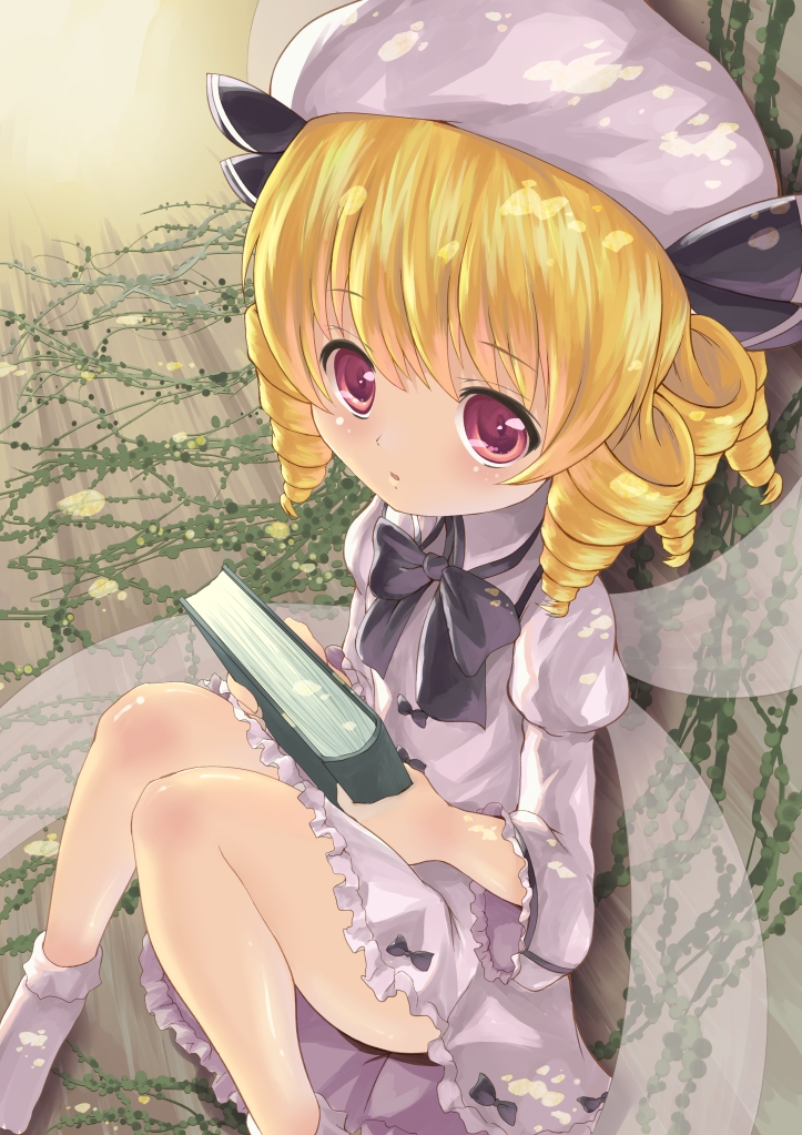 bad_id bad_pixiv_id blonde_hair book dress drill_hair futakabe hat luna_child pink_dress pink_eyes plant short_hair sitting solo touhou vines wings