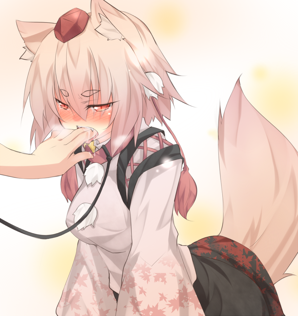 animal_ears blush collar detached_sleeves face fangs finger_in_mouth hands hat inubashiri_momiji kazami_ryouya leaning_forward leash red_eyes saliva short_hair silver_hair simple_background solo tail tears tokin_hat touhou wolf_ears wolf_tail