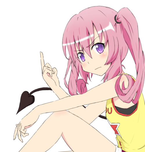 angry blush middle_finger nana_asta_deviluke pink_hair purple_eyes ropcandy serious sitting solo tail to_love-ru twintails white_background
