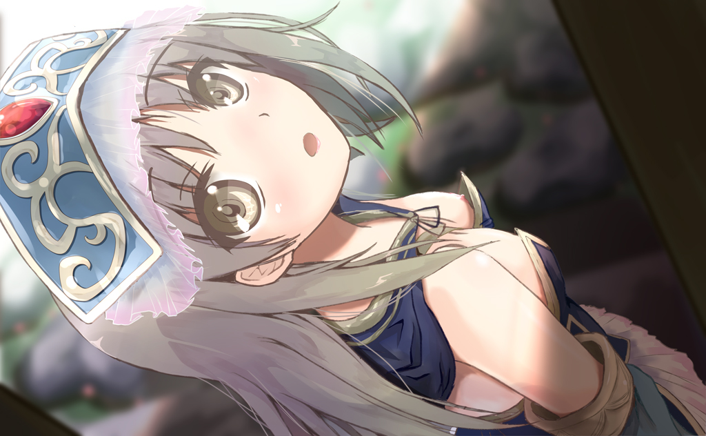 :o atelier_(series) atelier_totori blue_sleeves blush borubikku breasts from_above grey_hair hat long_hair looking_at_viewer looking_up nipple_slip nipples open_mouth small_breasts solo totooria_helmold yellow_eyes