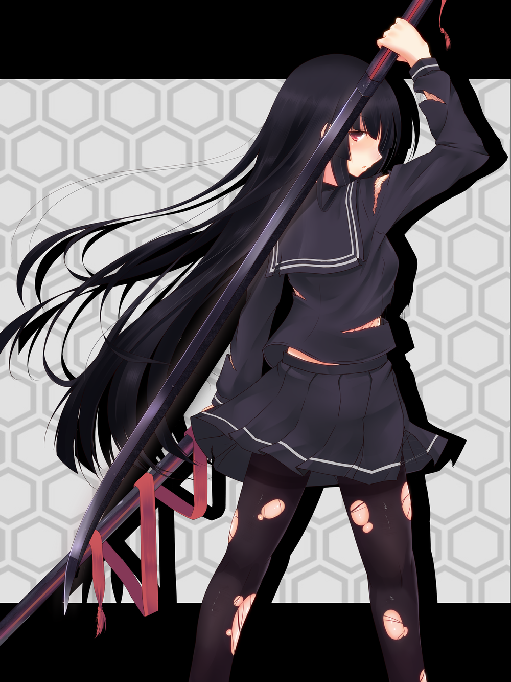 arm_up black_legwear blush from_behind highres letterboxed long_hair looking_at_viewer looking_back original outside_border pantyhose red_eyes ribbon scabbard school_uniform second_heaven serafuku sheath solo sword torn_clothes torn_legwear very_long_hair weapon