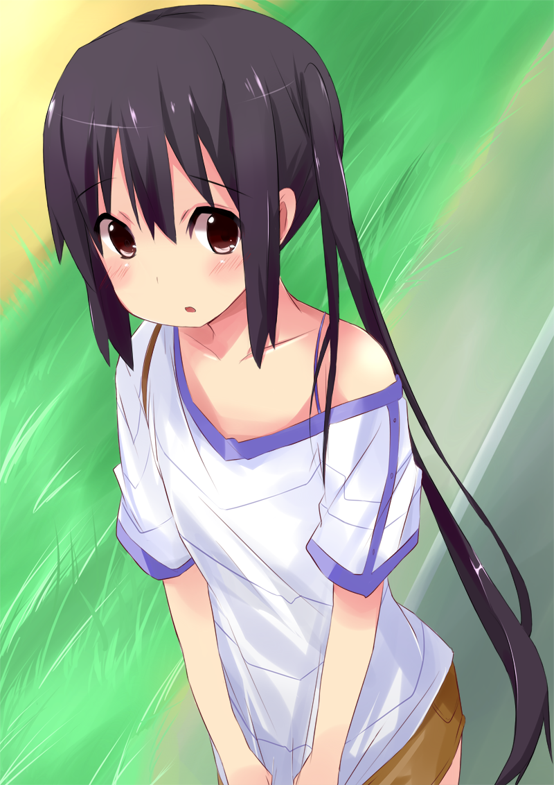 black_hair blush brown_eyes from_above k-on! kokumu long_hair looking_up nakano_azusa off_shoulder open_mouth solo twintails