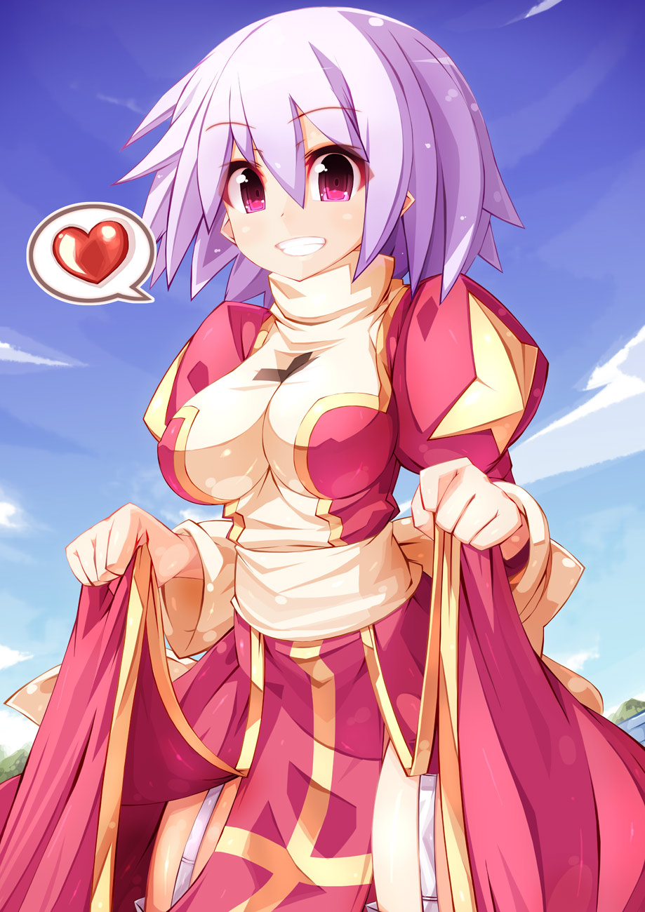blush breasts cloud day dress dress_lift garter_straps grin heart high_priest highres impossible_clothes lavender_hair medium_breasts ooyama_kina pelvic_curtain pink_eyes pointy_ears ragnarok_online short_hair sky smile solo spoken_heart
