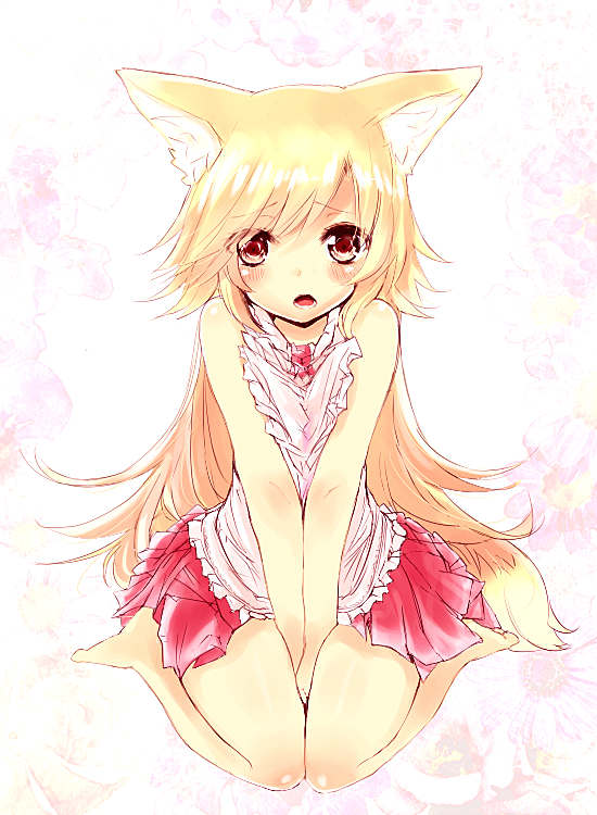 animal_ear_fluff animal_ears bad_id bad_pixiv_id bare_legs bare_shoulders barefoot between_legs between_thighs blonde_hair blush fox_ears fox_tail futaba_akane hand_between_legs long_hair looking_at_viewer miniskirt naomi_(sekai_no_hate_no_kissaten) open_mouth original pleated_skirt red_eyes red_skirt sitting skirt solo tail v_arms wariza