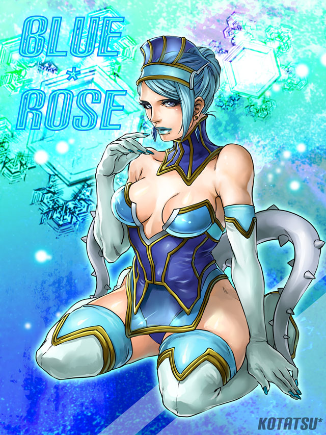bare_shoulders blue_eyes blue_hair blue_rose_(tiger_&amp;_bunny) boots breasts character_name cleavage crystal_earrings earrings elbow_gloves eyelashes fingernails gloves hat jewelry karina_lyle kotatsu_(g-rough) lipstick makeup medium_breasts short_hair solo superhero thigh_boots thighhighs tiger_&amp;_bunny transparent_breasts_pads