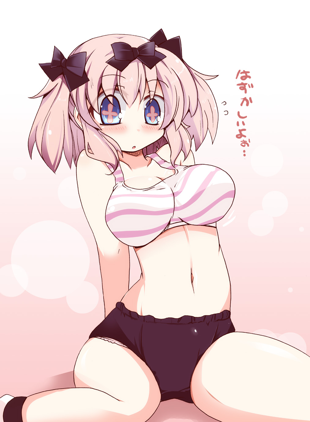 1girl blue_eyes blush bow breasts buruma commentary_request flying_sweatdrops hair_bow hibari_(senran_kagura) highres large_breasts navel open_mouth panties panties_under_buruma pink_hair senran_kagura senran_kagura_shoujo-tachi_no_shin'ei shirogane_(platinum) short_hair short_twintails solo sports_bra symbol-shaped_pupils translation_request twintails underwear