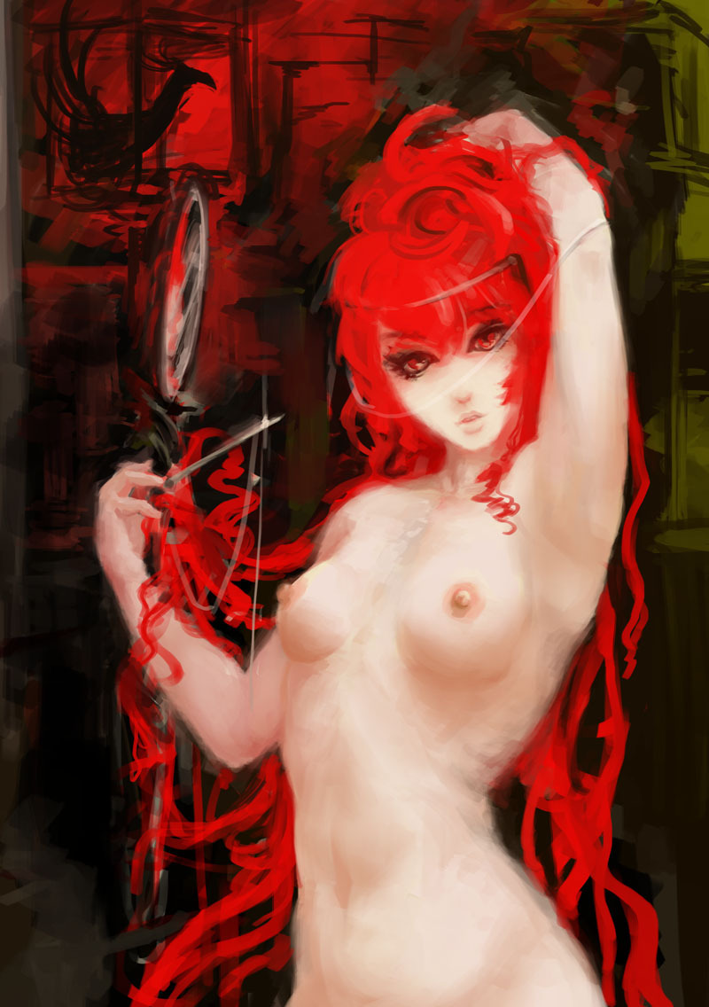 arm_up breasts hand_mirror lips long_hair looking_at_viewer mirror navel nipples nude original red_eyes red_hair small_breasts solo trnth very_long_hair