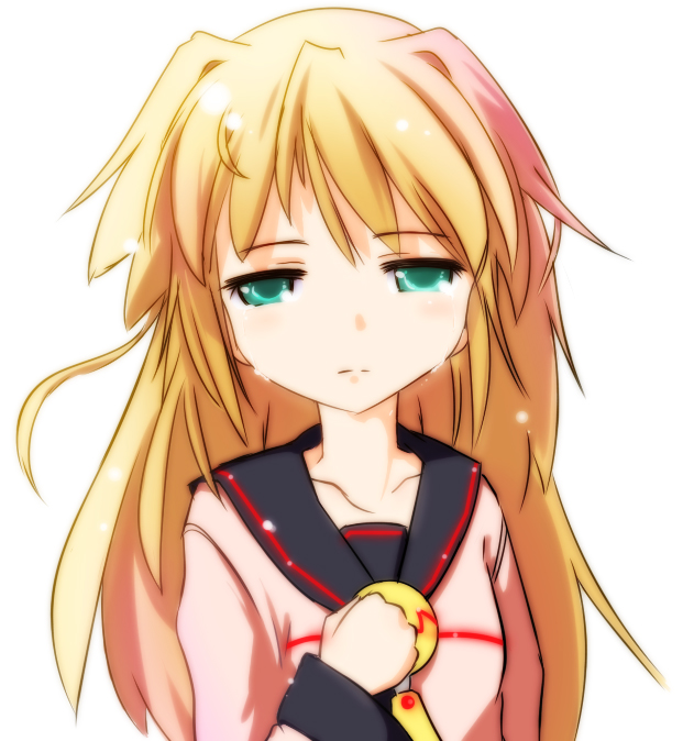 blonde_hair collarbone crying crying_with_eyes_open green_eyes hand_on_own_chest long_hair messy_hair rekurisu sailor_collar simple_background solo sora_(suguri) suguri tears upper_body white_background