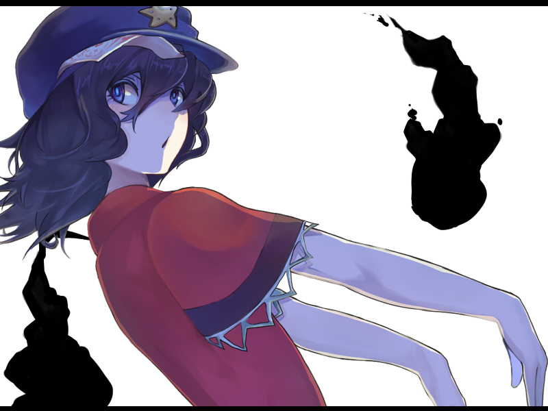 :0 black_hair blue_eyes blue_hair hat horosuke_(toot08) looking_back miyako_yoshika outstretched_arms short_hair simple_background solo touhou zombie_pose