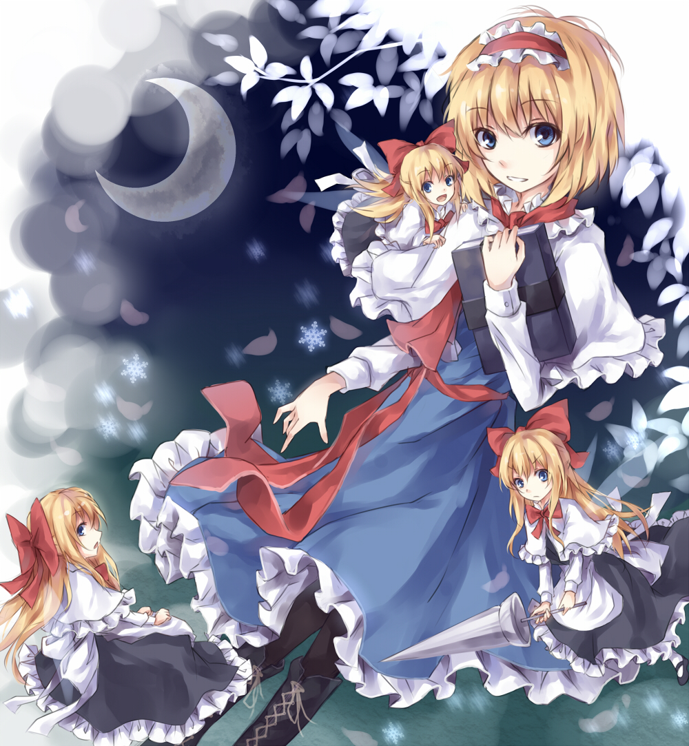 :d alice_margatroid asuka_(louyun) bad_id bad_pixiv_id black_legwear blonde_hair blue_eyes book boots bow capelet crescent_moon cross-laced_footwear dress frills hair_bow hairband lance moon open_mouth pantyhose polearm ribbon shanghai_doll short_hair smile solo touhou weapon wings