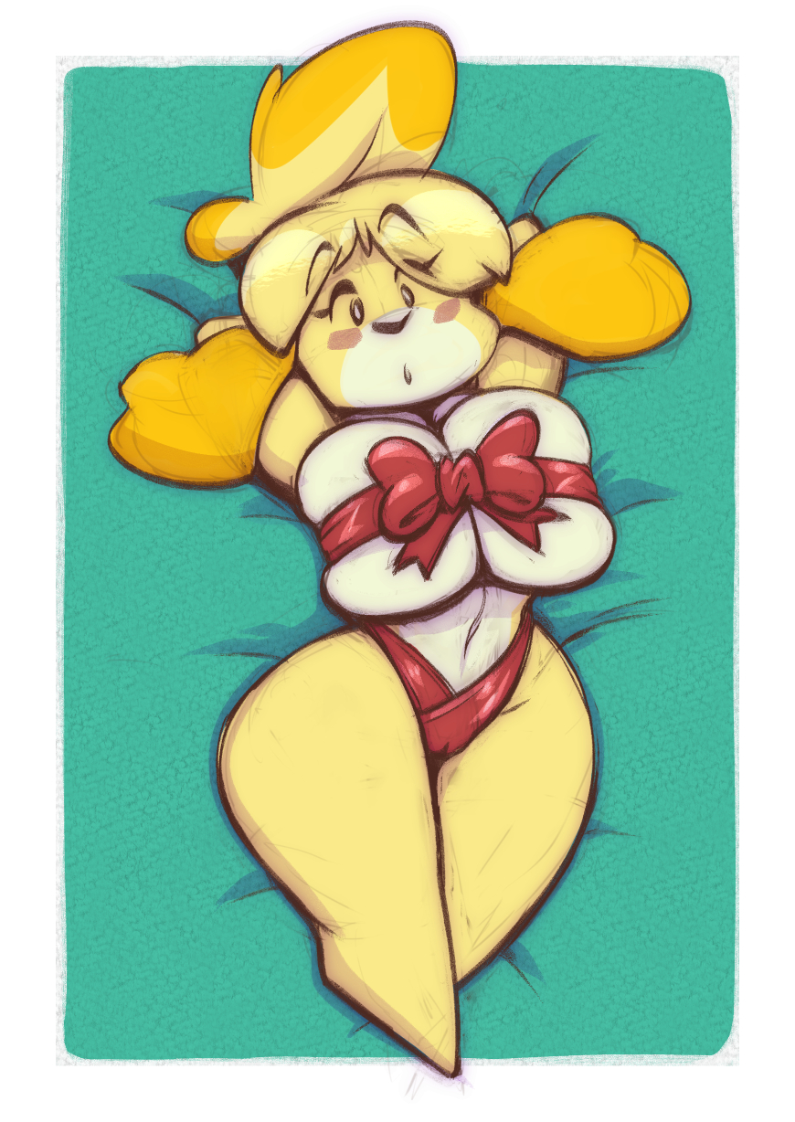 2018 animal_crossing anthro barefoot bed big_breasts bikini bird's-eye_view blush breasts canine clothing digital_media_(artwork) dog feet female fur hair hands_behind_head high-angle_view huge_breasts isabelle_(animal_crossing) joelasko looking_at_viewer lying mammal nintendo on_back open_mouth ribbons shih_tzu short_stack solo swimsuit thick_thighs video_games voluptuous wide_hips yellow_fur