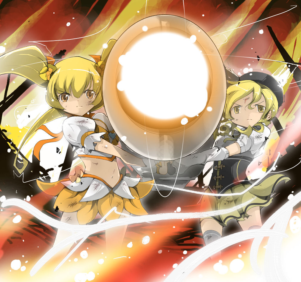 aiming_at_viewer bad_id bad_pixiv_id beret blonde_hair bow breasts choker color_connection corset crossover cure_sunshine detached_sleeves drill_hair fingerless_gloves gloves hair_ribbon hat heartcatch_precure! large_breasts long_hair magical_girl mahou_shoujo_madoka_magica midriff miniskirt multiple_girls myoudouin_itsuki name_john orange_bow orange_choker pleated_skirt precure red_skirt ribbon skirt striped striped_skirt thighhighs tiro_finale tomoe_mami twintails wrist_cuffs yellow_eyes