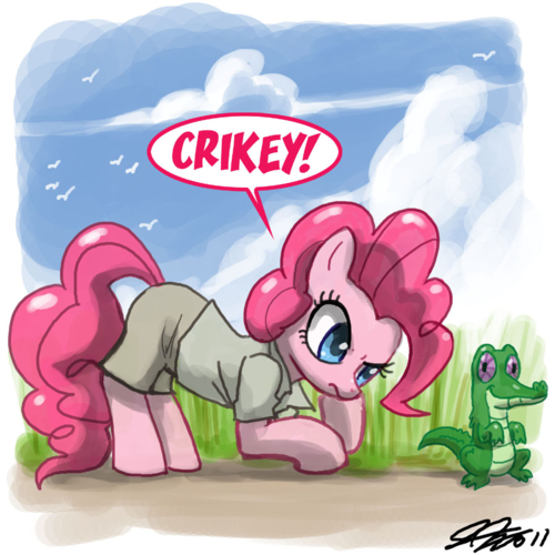 2011 :( blue_eyes border clouds crocodile dialogue english_text equine female friendship_is_magic grass gummy_(mlp) hasbro my_little_pony pink_fur pink_hair pinkie_pie_(mlp) plain_background pondering purple_eyes reptile rip scalie seagulls smile steve_irwin tail unknown_artist white_background