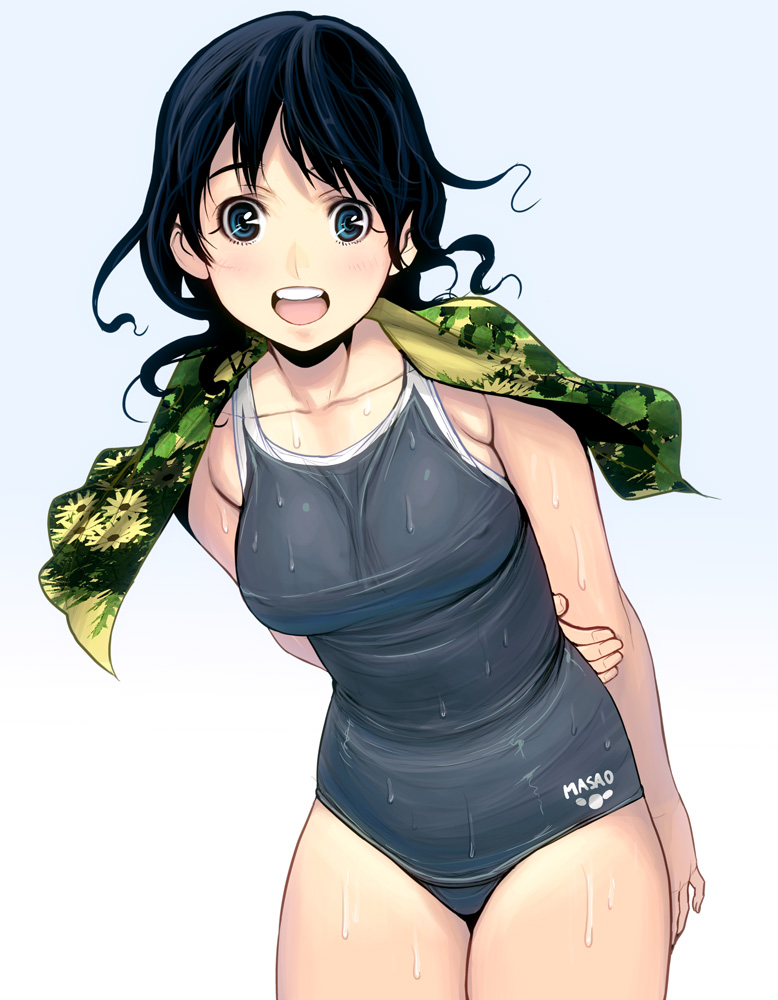 bad_id bad_pixiv_id bare_shoulders black_hair blue_eyes breasts covered_nipples cowboy_shot gradient gradient_background holding_arm leaning_forward long_hair masao medium_breasts one-piece_swimsuit open_mouth original school_swimsuit smile solo swimsuit towel towel_around_neck wet