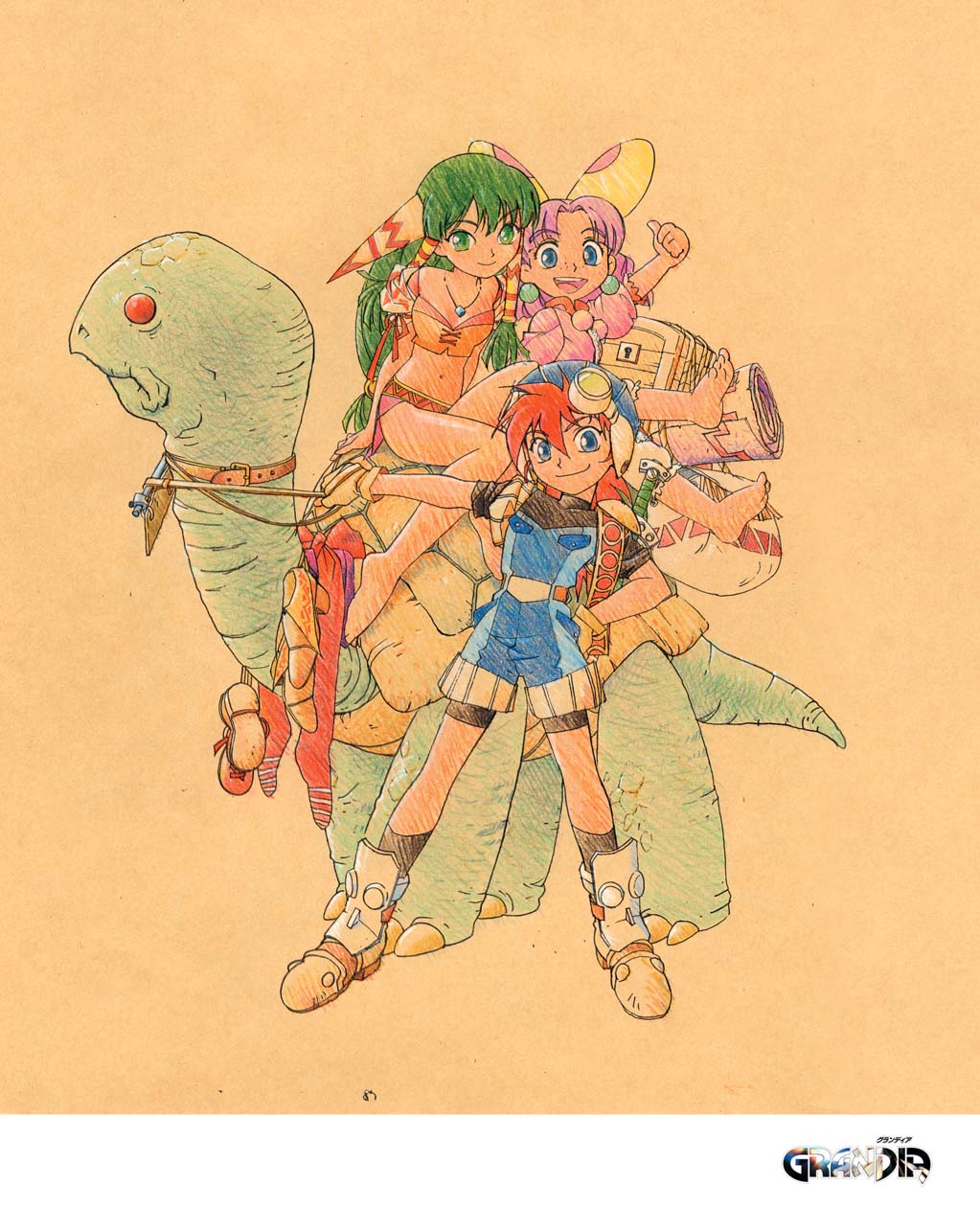 2girls armor bare_legs barefoot blue_eyes clothes colored_pencil_(medium) earrings feena_(grandia) friends full_body goggles grandia grandia_i green_eyes green_hair hair_ornament hair_tubes hand_on_hip hat highres hontani_toshiaki jewelry justin_(grandia) layered_sleeves logo long_hair looking_at_viewer midriff multiple_girls multiple_riders necklace official_art purple_hair puui_(grandia) red_hair riding short_hair sidesaddle sleeves_rolled_up smile sue_(grandia) sword traditional_media turtle weapon