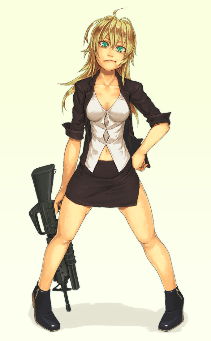 :t ahoge assault_rifle bad_id bad_pixiv_id bags_under_eyes black_skirt blonde_hair breasts cleavage cross_eyed formal green_eyes grenade_launcher gun hand_on_hip lipstick long_hair m16 m203 makeup medium_breasts miniskirt mustard_seeds navel original pencil_skirt rifle side_slit skirt skirt_suit sleeves_rolled_up solo suit underbarrel_grenade_launcher weapon yuuji_(and)