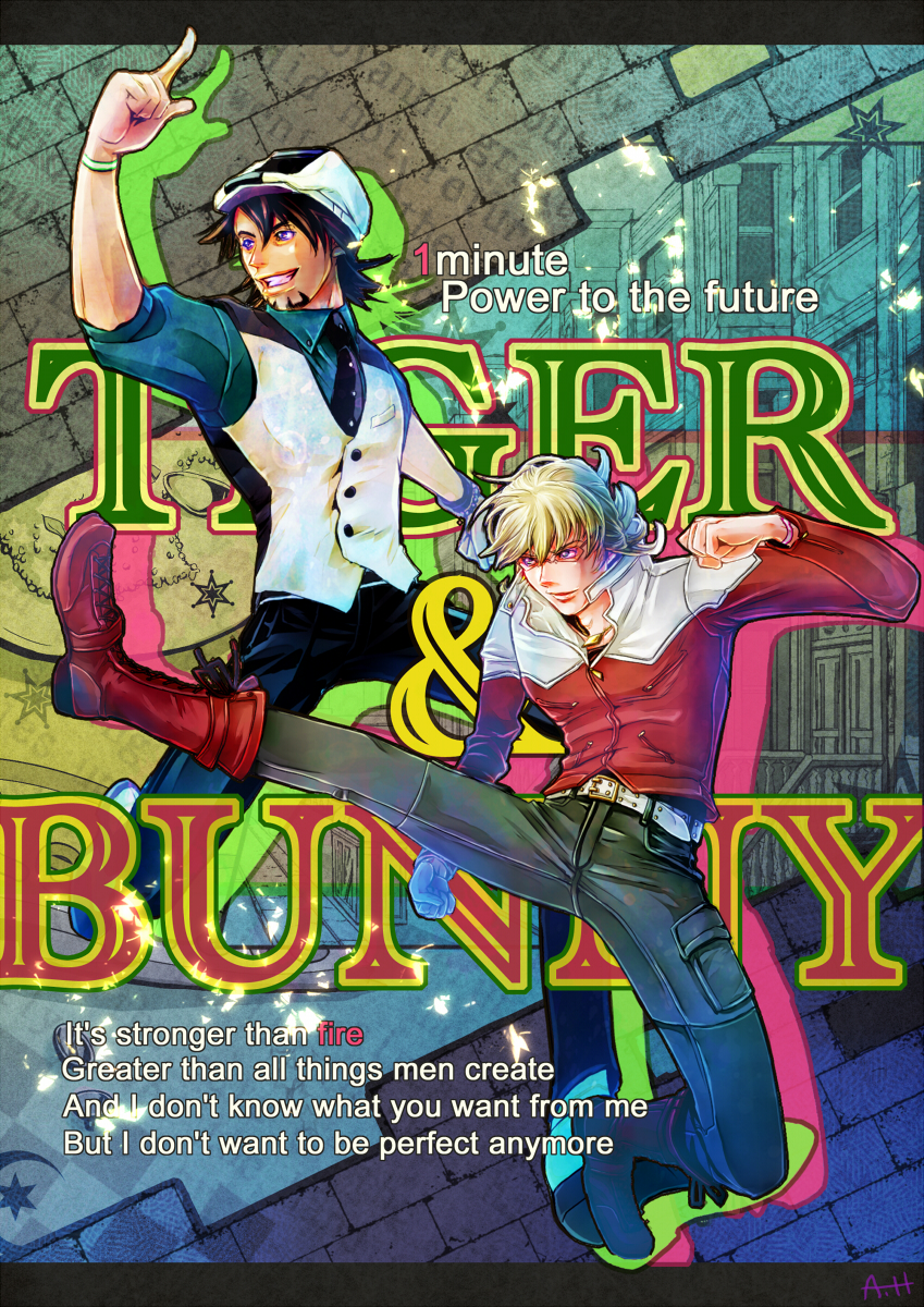 barnaby_brooks_jr belt blonde_hair boots brown_eyes brown_hair cczminngo english facial_hair glasses green_eyes highres jacket jewelry kaburagi_t_kotetsu kicking letterboxed male_focus multiple_boys necklace necktie pointing red_jacket stubble studded_belt tiger_&amp;_bunny vest waistcoat