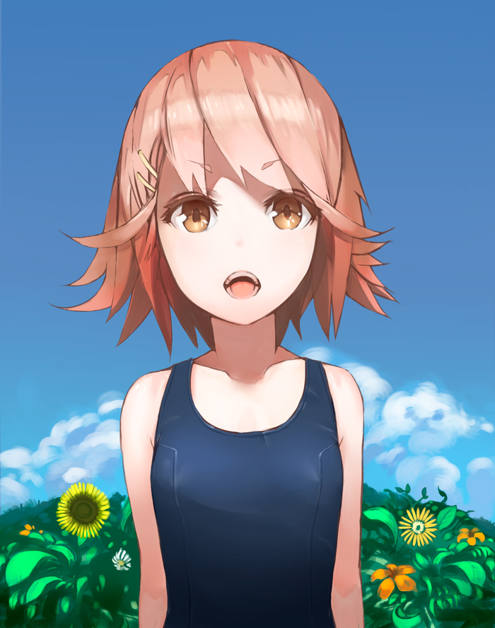 bad_id bad_tinami_id bare_shoulders blue_sky brown_eyes cloud day flat_chest flower hair_ornament hairclip kotobuki_ryou one-piece_swimsuit open_mouth original pink_hair school_swimsuit sky solo sunflower swimsuit upper_body